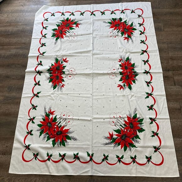 Vtg 50s Xmas Tablecloth Candle Poinsettia Rectangle Cotton Holiday Size 53x70 - Picture 1 of 9